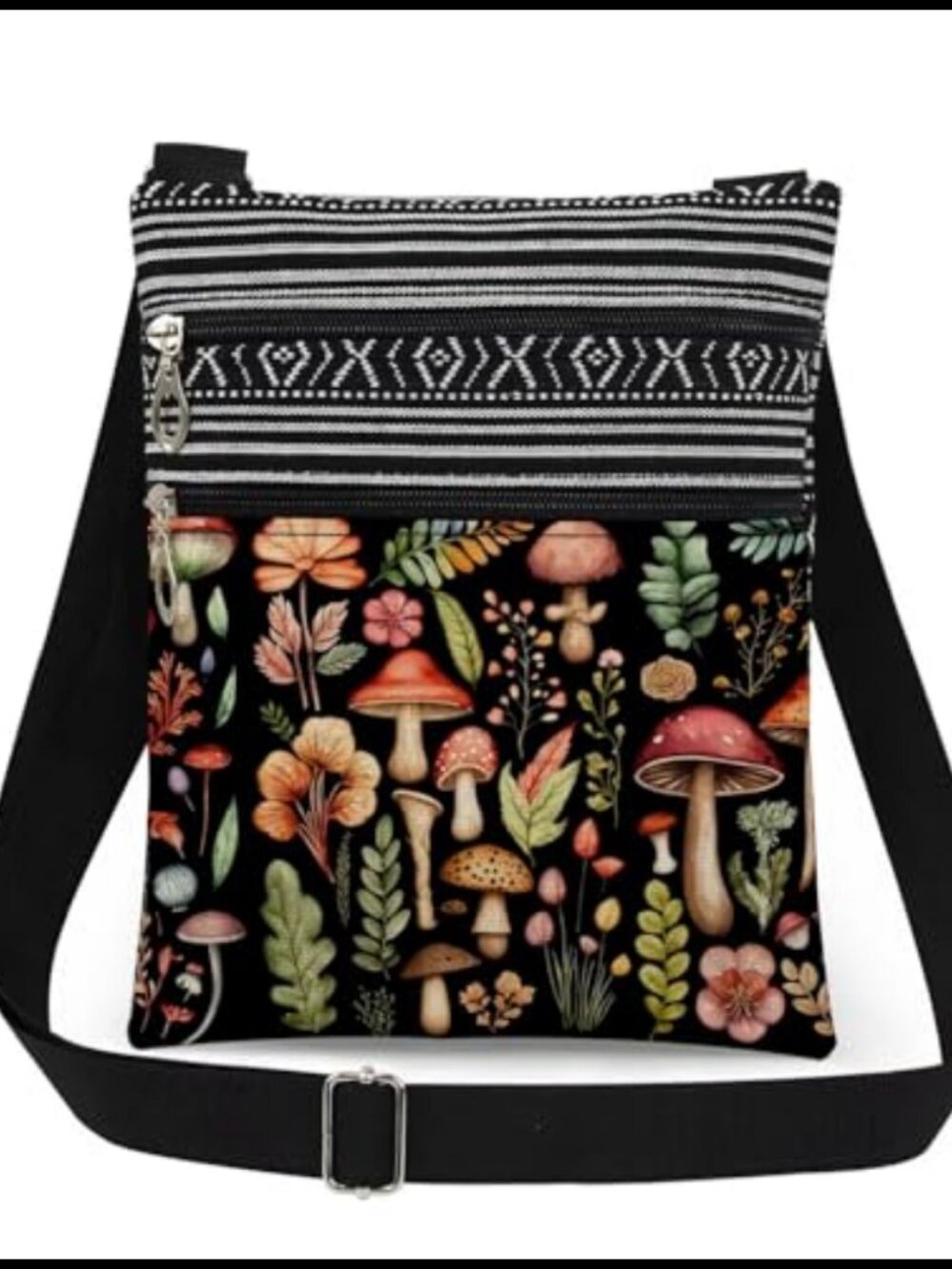Mushroom Floral Art Crossbody Bag Polyester Adjustable Strap Dual Pocket Purse